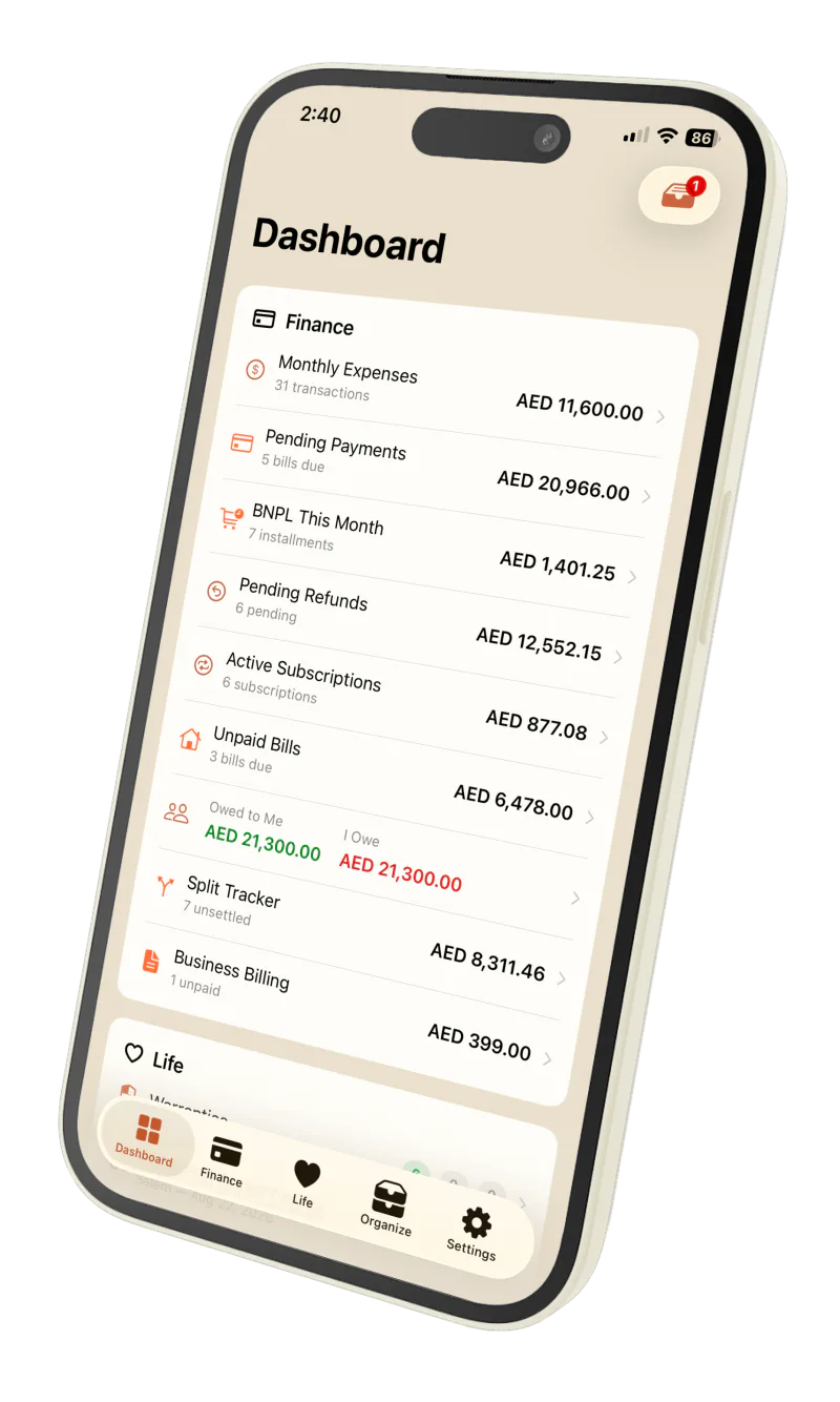 Privora app dashboard showing Finance, Life, and Organize hubs