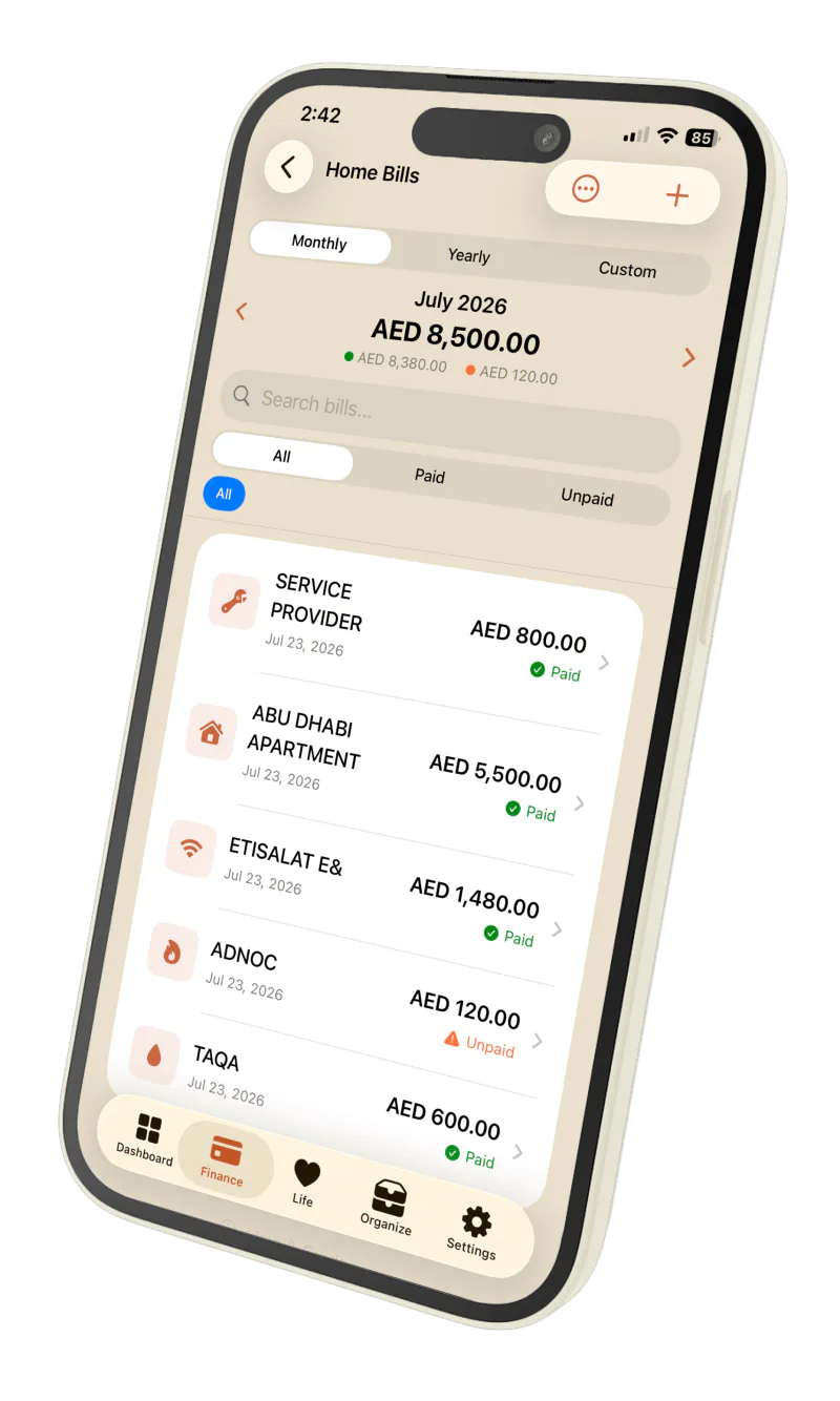 Privora Home Bills screen
