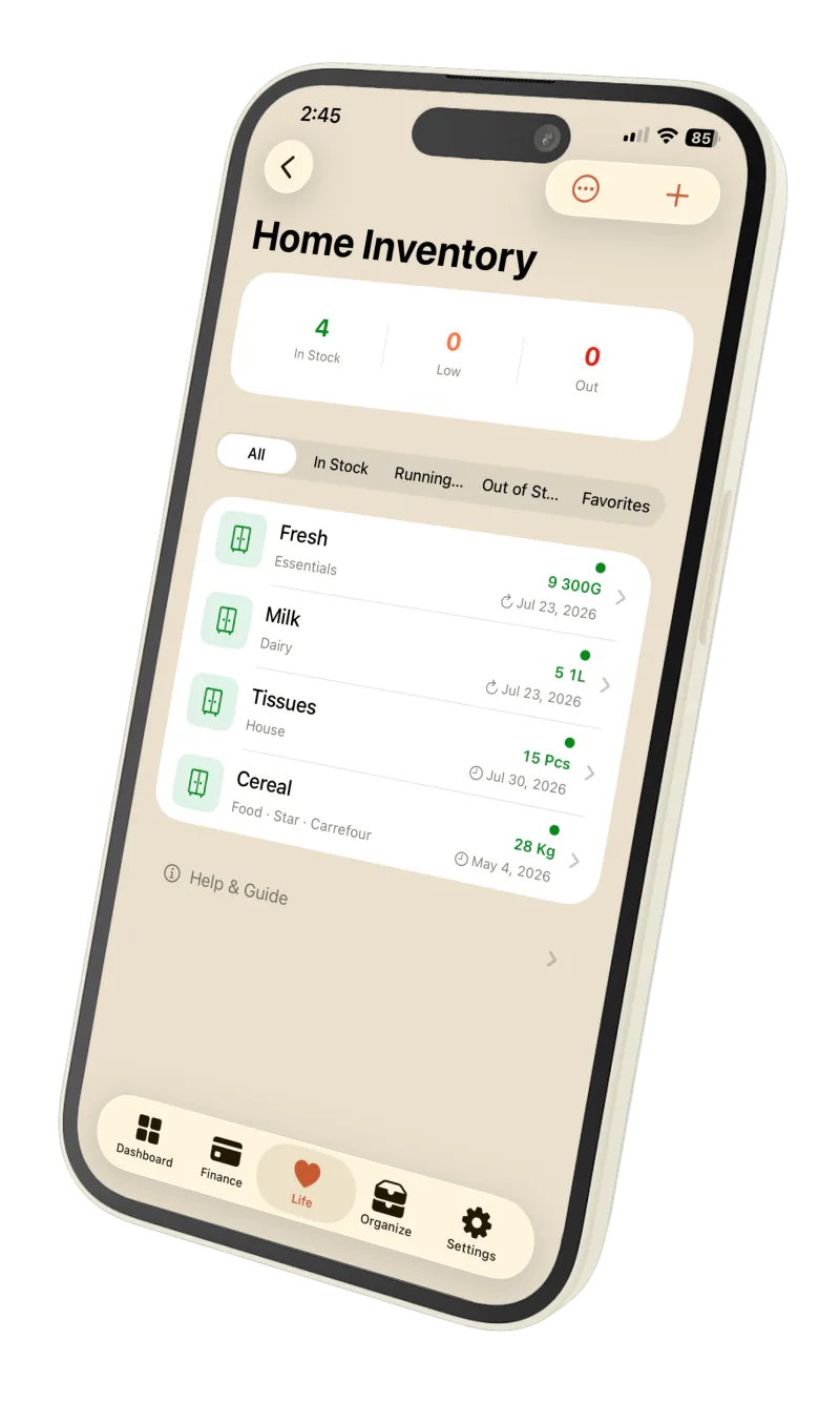 Privora Home Inventory screen
