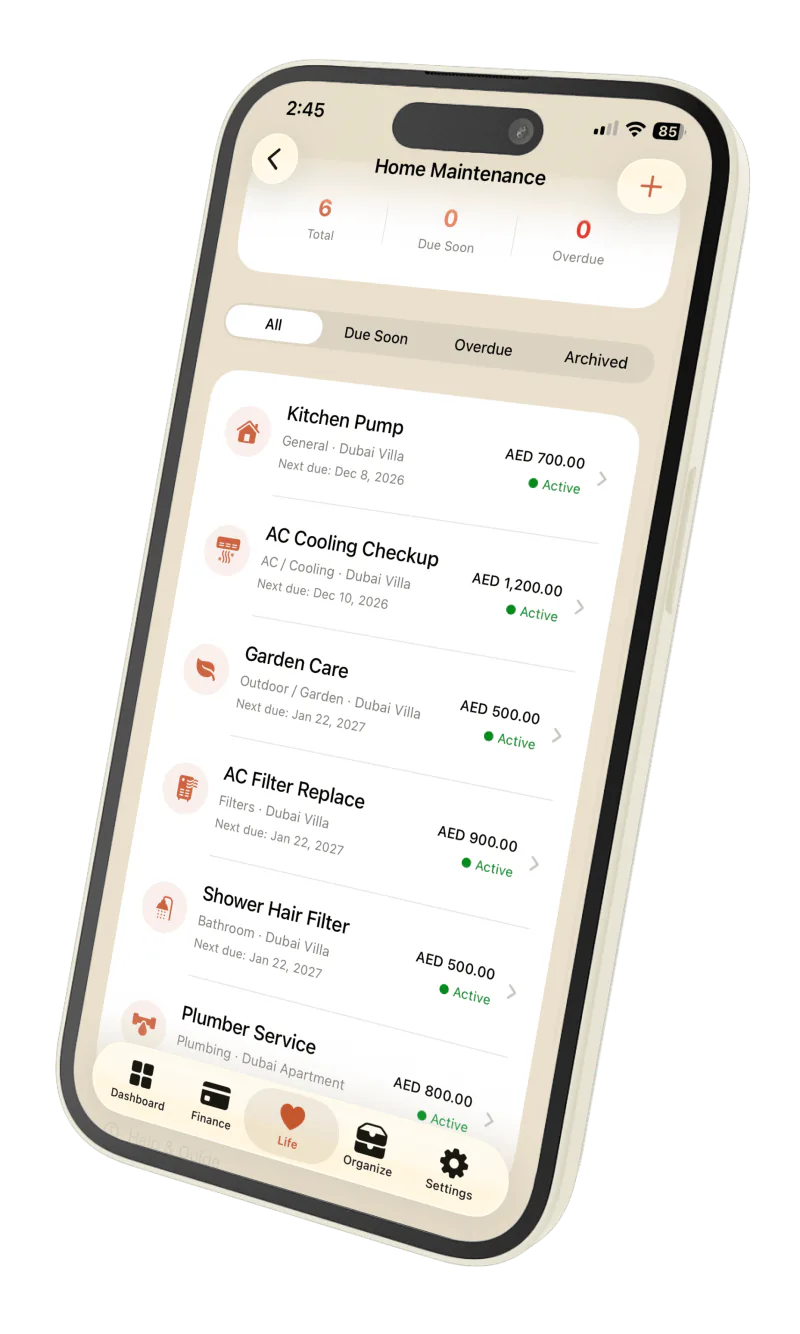 Privora Home Maintenance screen