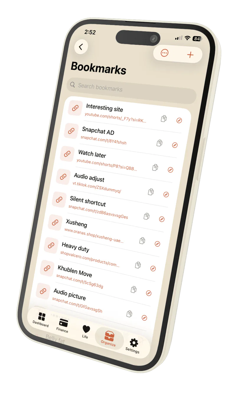 Privora Bookmarks screen