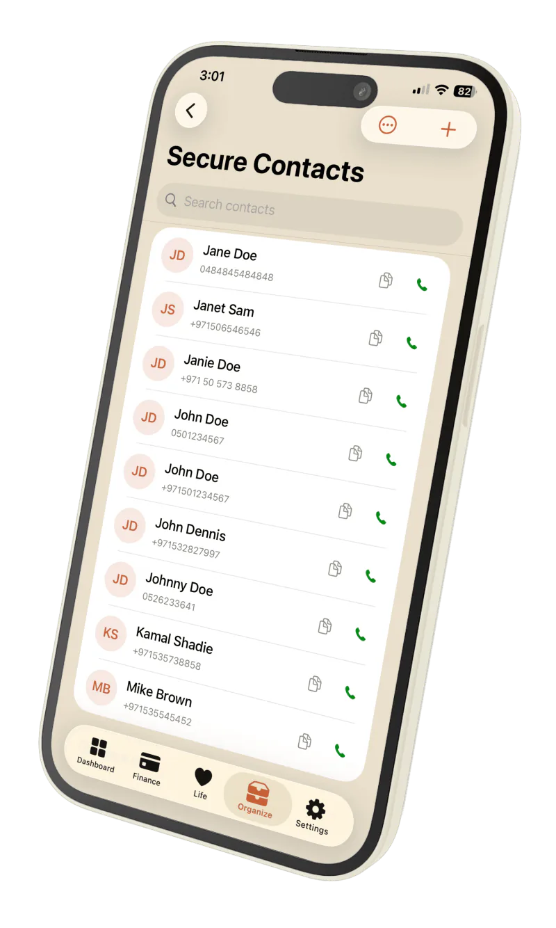 Privora Secure Contacts screen