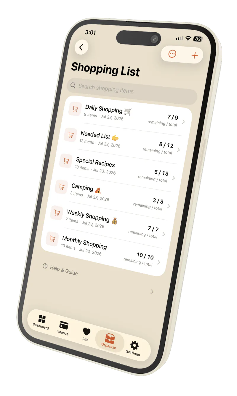 Privora Shopping List screen