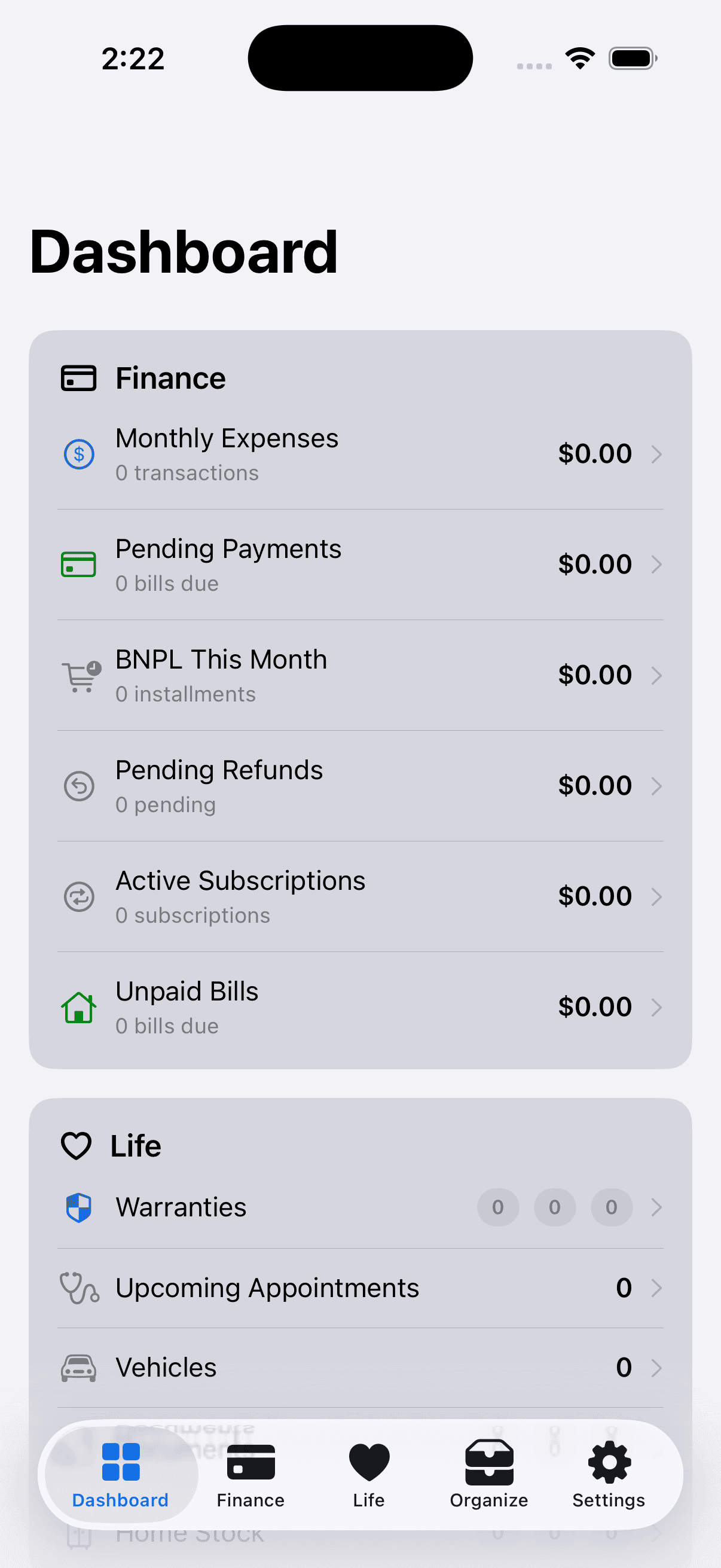 Privora app dashboard showing Finance, Life, and Organize hubs